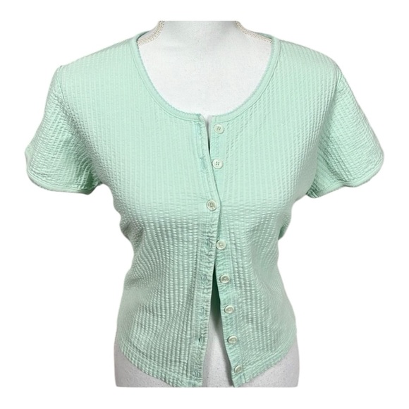 L.L. Bean Mint Green Crew Neck Textured Short Sleeve Button Down Tee Size Medium - Picture 6 of 6